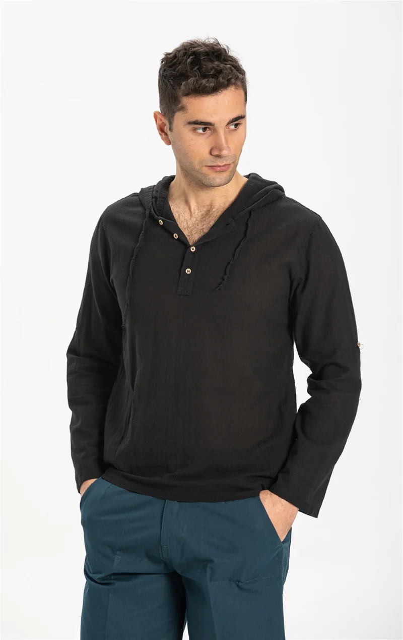 اليش شيل بيزي Şile Bezi Çift Cepli Kapüşonlu Erkek Sweatshirt Siyah Syh