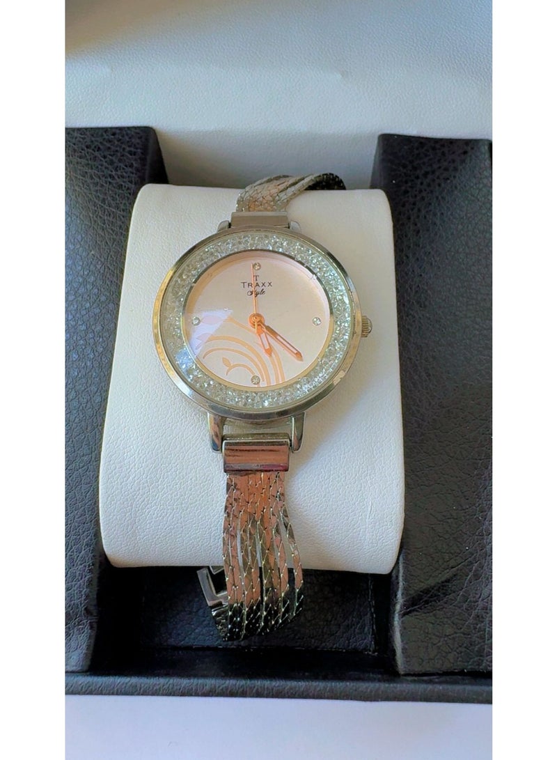 Traxx Style Women's Fashion Watch - Silver Mesh Multi-Strand Bracelet with Crystal Studded Bezel and Floral Dial - AL-001 - Image 1