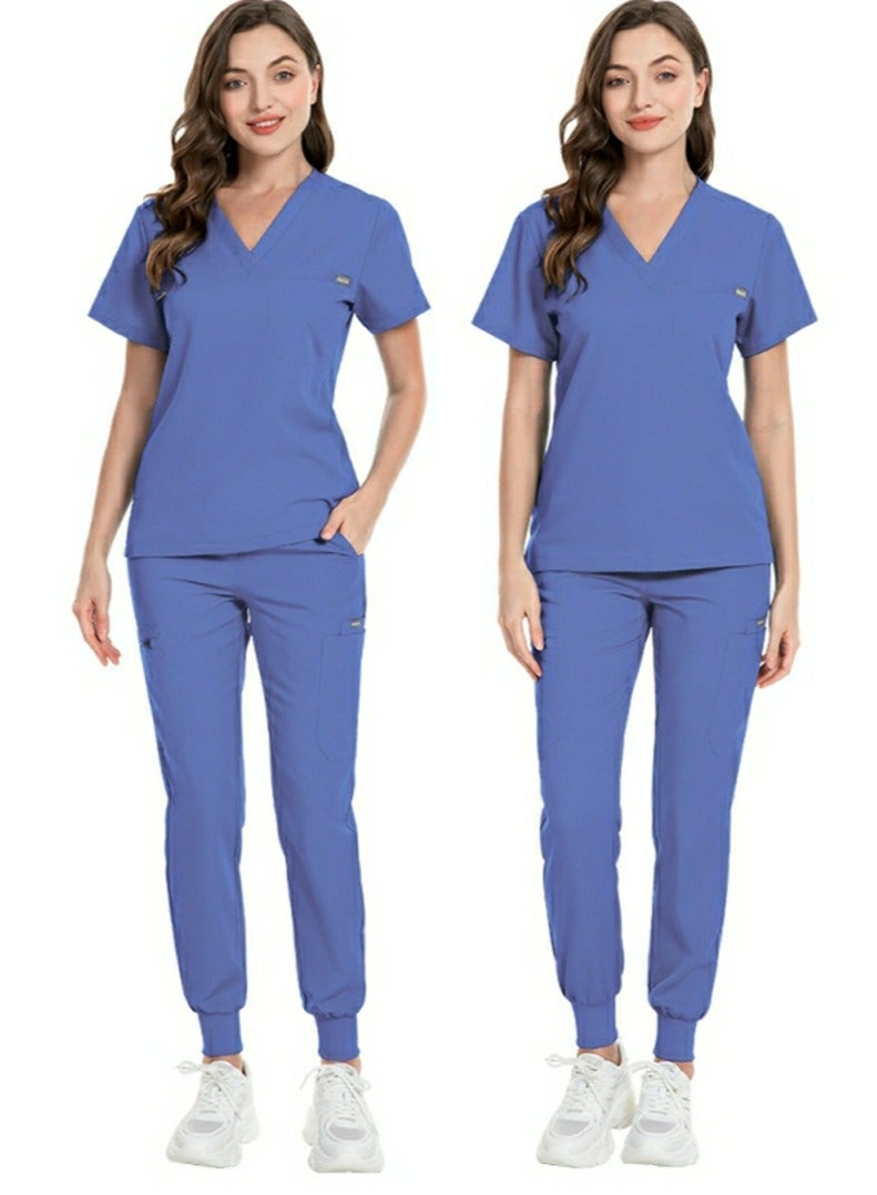 Loquat Unisex Medical Uniform Scrubs 2 Piece Set V-Neck Top and Elastic Waist Jogger Pants Suit Sky Blue  - Image 2