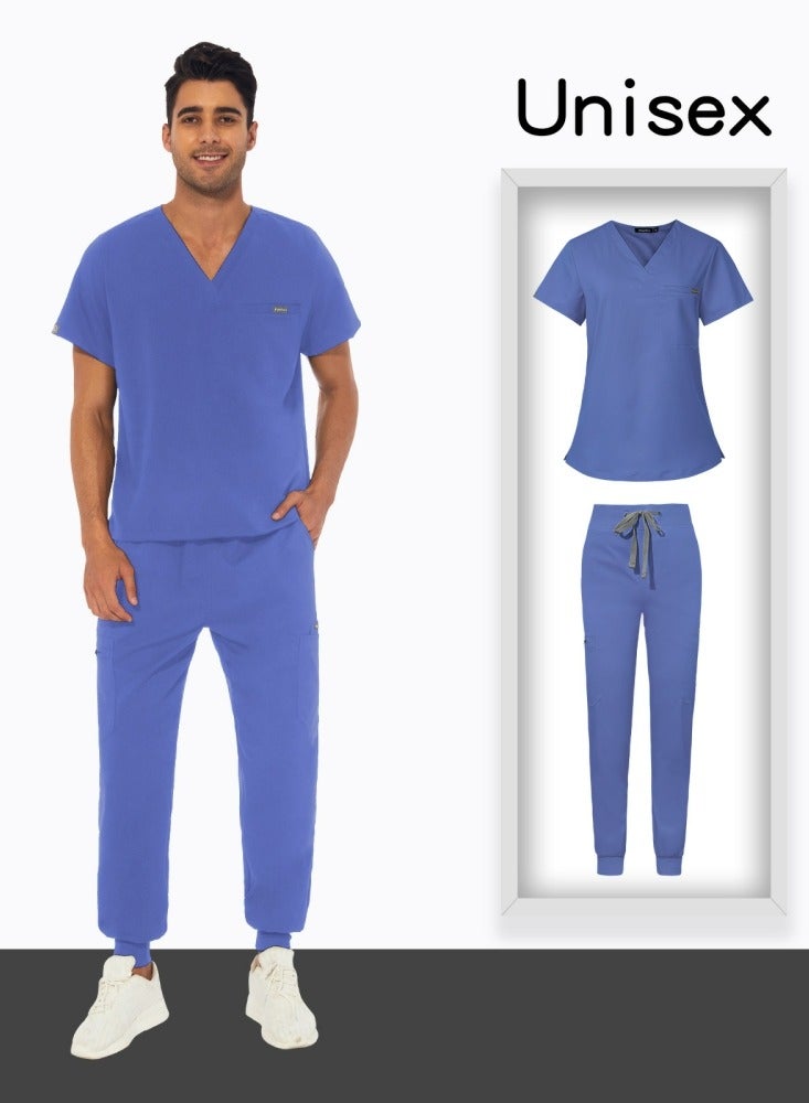 Loquat Unisex Medical Uniform Scrubs 2 Piece Set V-Neck Top and Elastic Waist Jogger Pants Suit Sky Blue  - Image 3