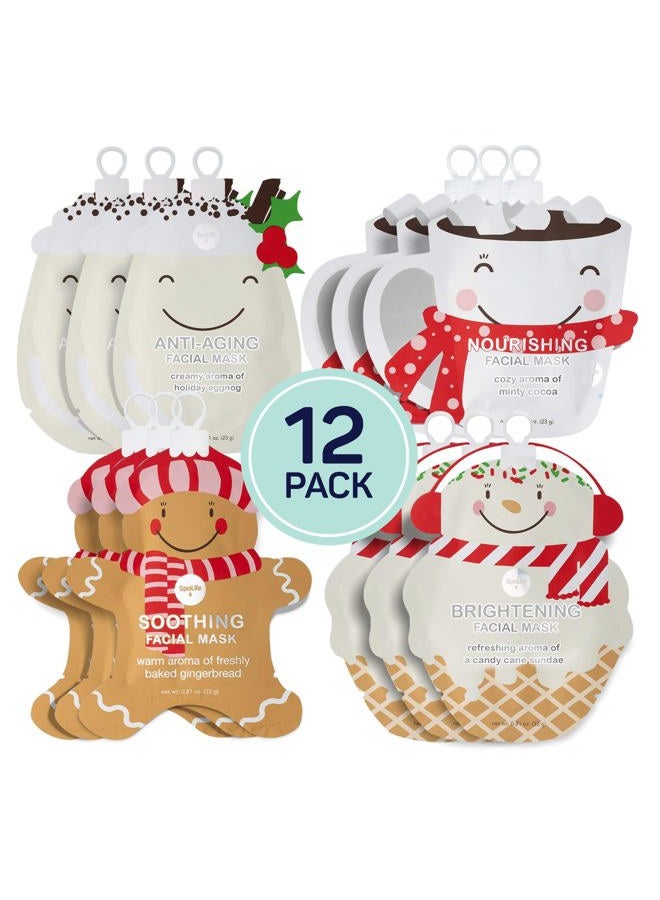SpaLife Holiday Treats Facial Masks 12-Pack Assorted - Festive Christmas Skincare for Hydration and Refreshment - Gingerbread, Sundae, Cocoa & Eggnog - Image 1