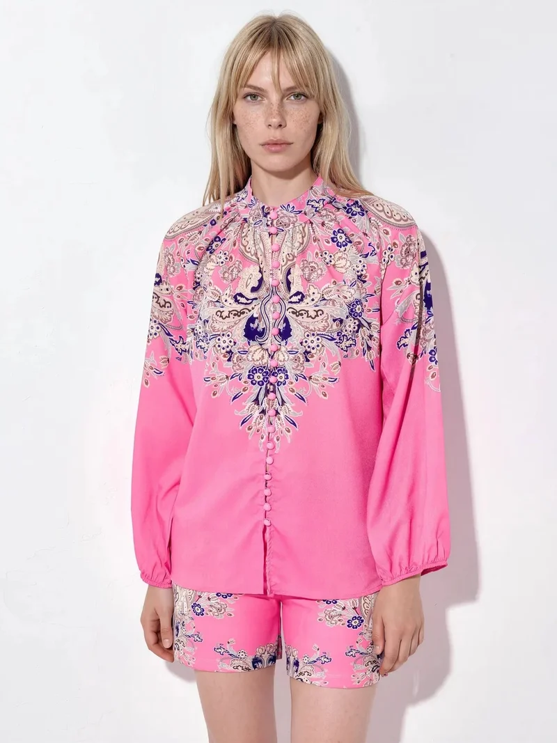 جينيفر Paisley Tie-front Blouse And Shorts Set