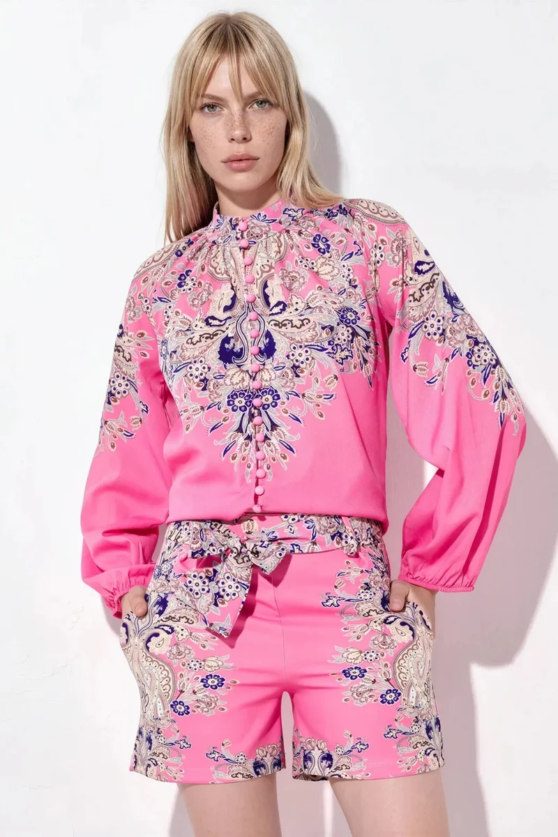 جينيفر Paisley Tie-front Blouse And Shorts Set