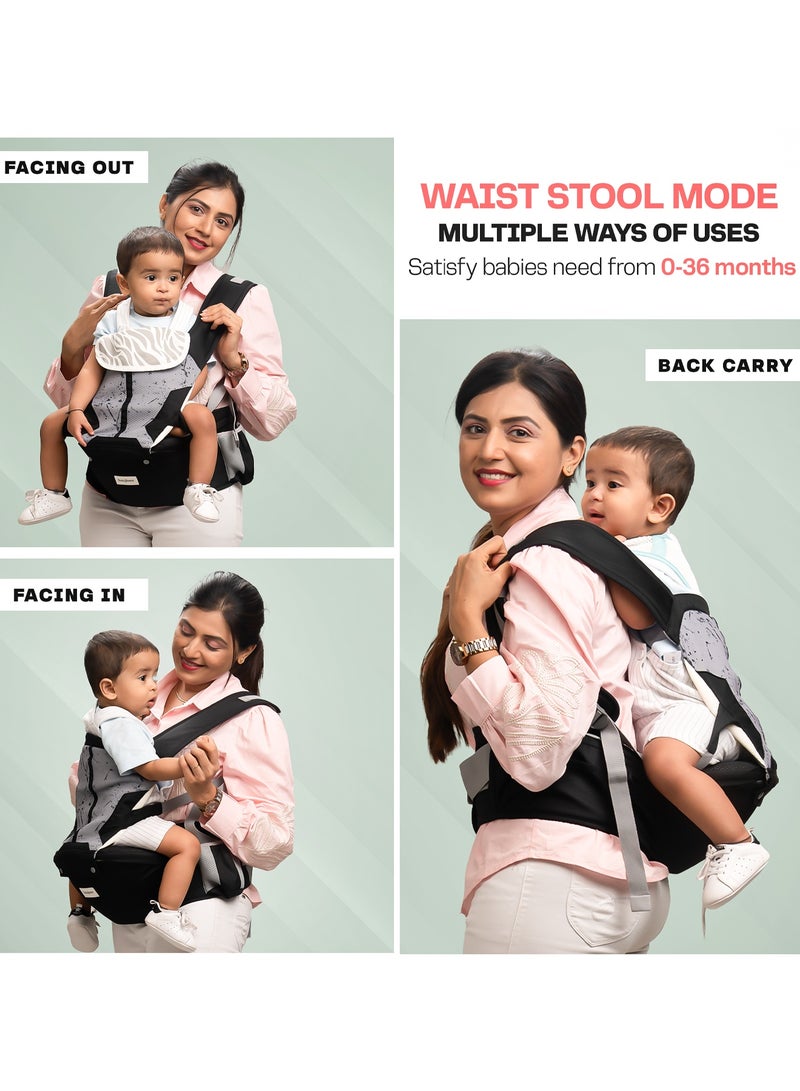 بيبي حاملة أطفال نيونست بمقعد الورك للأطفال من عمر 0 إلى 3 سنوات | حاملة أطفال للمواليد الجدد بستة أوضاع حمل | حقيبة حمل أطفال قابلة للتعديل بدون استخدام اليدين مع دعم قطني ووسادة مقعد عريضة | حقيبة كنغر للأطفال مع حقيبة تخزين متعددة ونسيج شبكي قابل للتهوية، لون أسود - Image 4