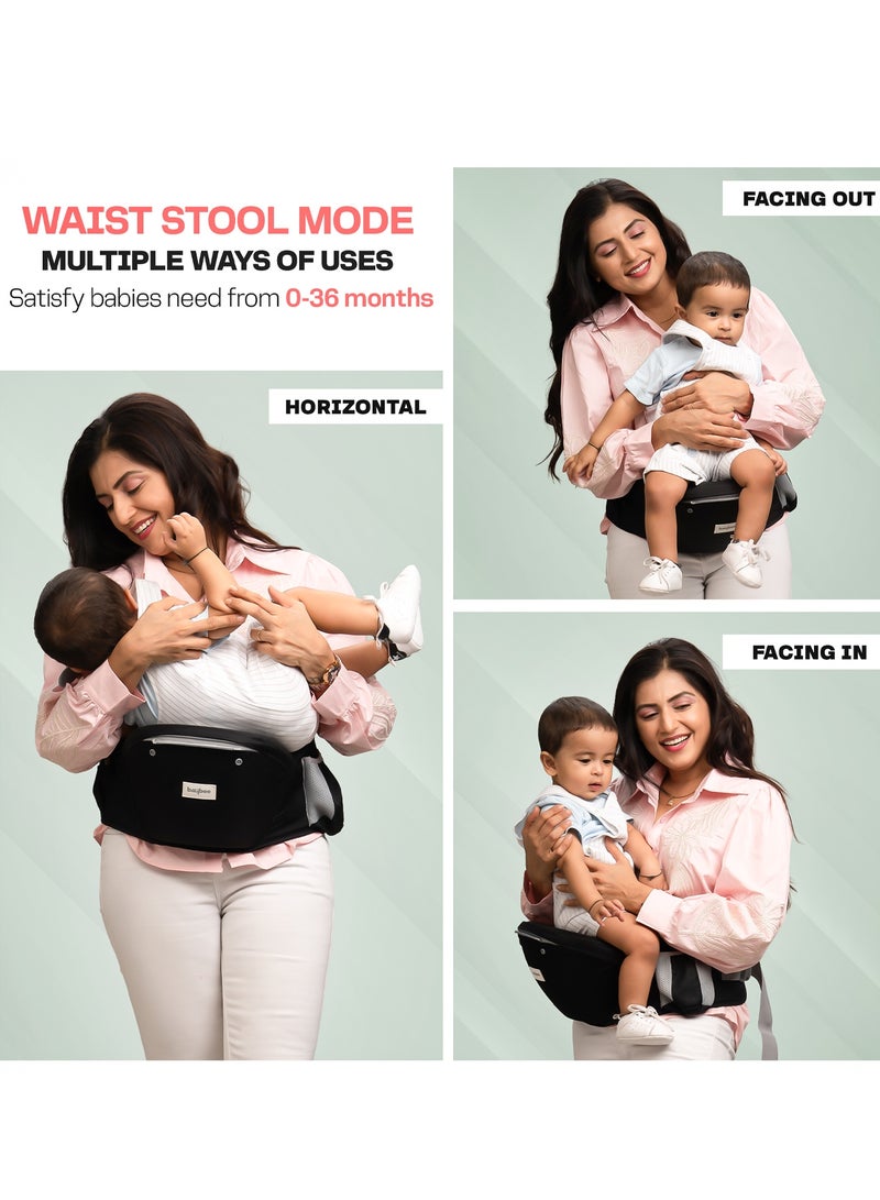 بيبي حاملة أطفال نيونست بمقعد الورك للأطفال من عمر 0 إلى 3 سنوات | حاملة أطفال للمواليد الجدد بستة أوضاع حمل | حقيبة حمل أطفال قابلة للتعديل بدون استخدام اليدين مع دعم قطني ووسادة مقعد عريضة | حقيبة كنغر للأطفال مع حقيبة تخزين متعددة ونسيج شبكي قابل للتهوية، لون أسود - Image 3