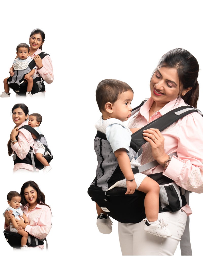 بيبي حاملة أطفال نيونست بمقعد الورك للأطفال من عمر 0 إلى 3 سنوات | حاملة أطفال للمواليد الجدد بستة أوضاع حمل | حقيبة حمل أطفال قابلة للتعديل بدون استخدام اليدين مع دعم قطني ووسادة مقعد عريضة | حقيبة كنغر للأطفال مع حقيبة تخزين متعددة ونسيج شبكي قابل للتهوية، لون أسود - Image 1