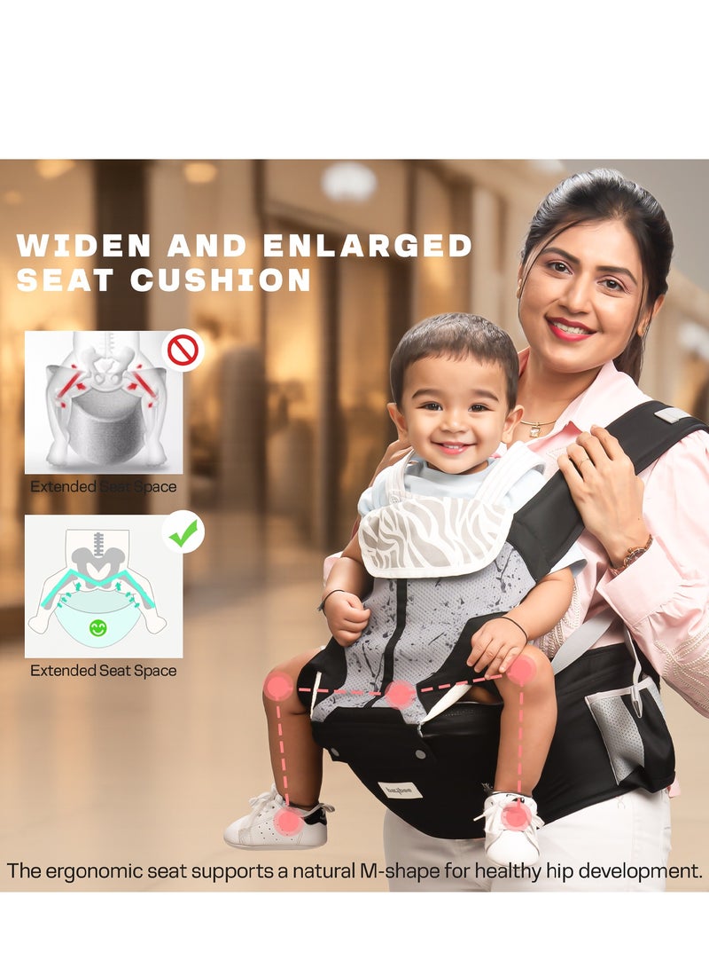 بيبي حاملة أطفال نيونست بمقعد الورك للأطفال من عمر 0 إلى 3 سنوات | حاملة أطفال للمواليد الجدد بستة أوضاع حمل | حقيبة حمل أطفال قابلة للتعديل بدون استخدام اليدين مع دعم قطني ووسادة مقعد عريضة | حقيبة كنغر للأطفال مع حقيبة تخزين متعددة ونسيج شبكي قابل للتهوية، لون أسود - Image 5