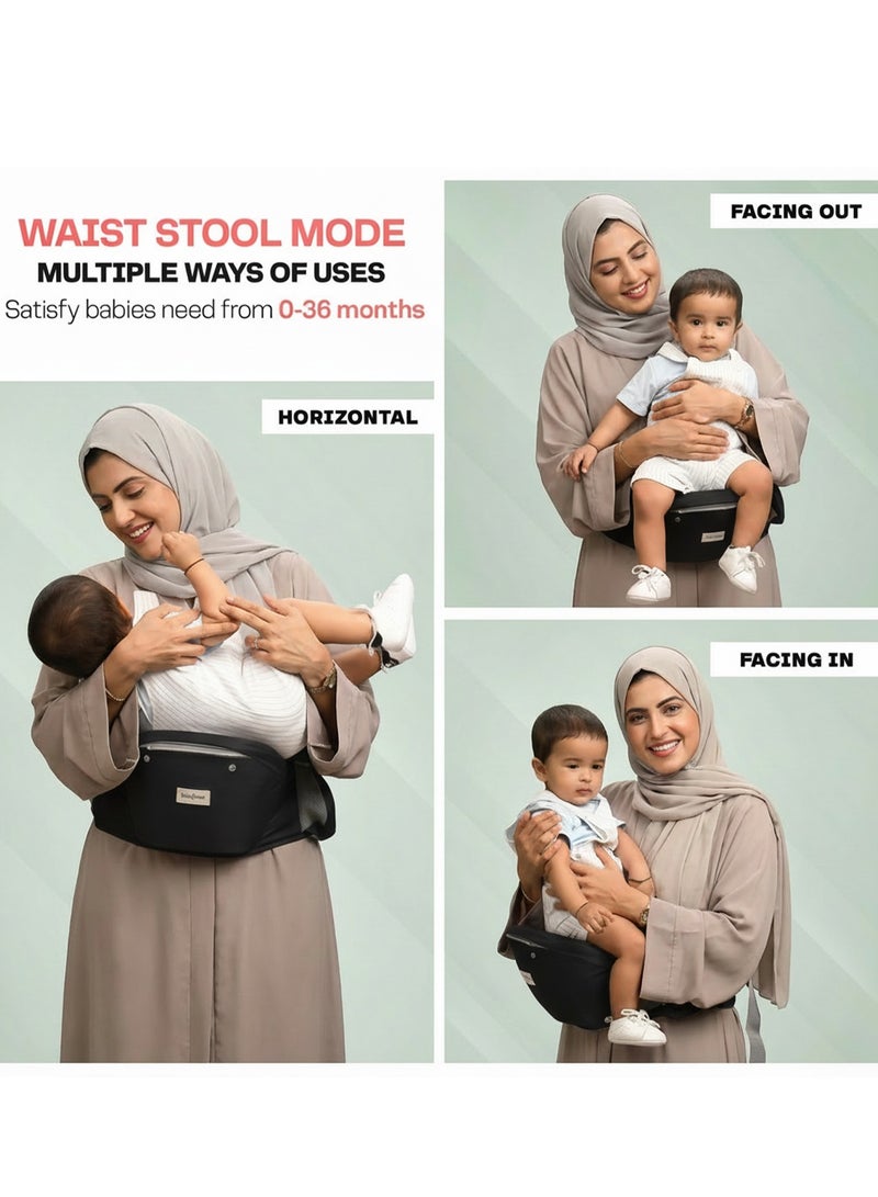 BAYBEE Neonest Hip Seat Baby Carrier for 0 to 3 Year Baby | Baby Carrier for New Born with 6 Carry Position | Adjustable Hands Free Baby Carry Bag with Lumbar Support & Wide Seat Cushion | Babies Kangaroo Bag with Multi Storage Packet & Breathable Mesh Fabric Black - Image 3