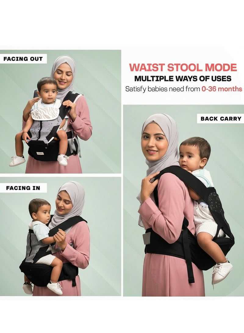BAYBEE Neonest Hip Seat Baby Carrier for 0 to 3 Year Baby | Baby Carrier for New Born with 6 Carry Position | Adjustable Hands Free Baby Carry Bag with Lumbar Support & Wide Seat Cushion | Babies Kangaroo Bag with Multi Storage Packet & Breathable Mesh Fabric Black - Image 4