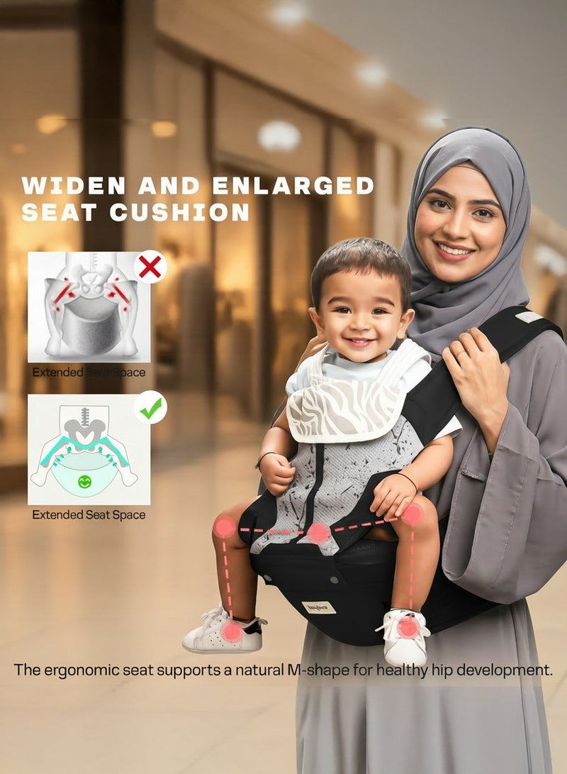 BAYBEE Neonest Hip Seat Baby Carrier for 0 to 3 Year Baby | Baby Carrier for New Born with 6 Carry Position | Adjustable Hands Free Baby Carry Bag with Lumbar Support & Wide Seat Cushion | Babies Kangaroo Bag with Multi Storage Packet & Breathable Mesh Fabric Black - Image 5