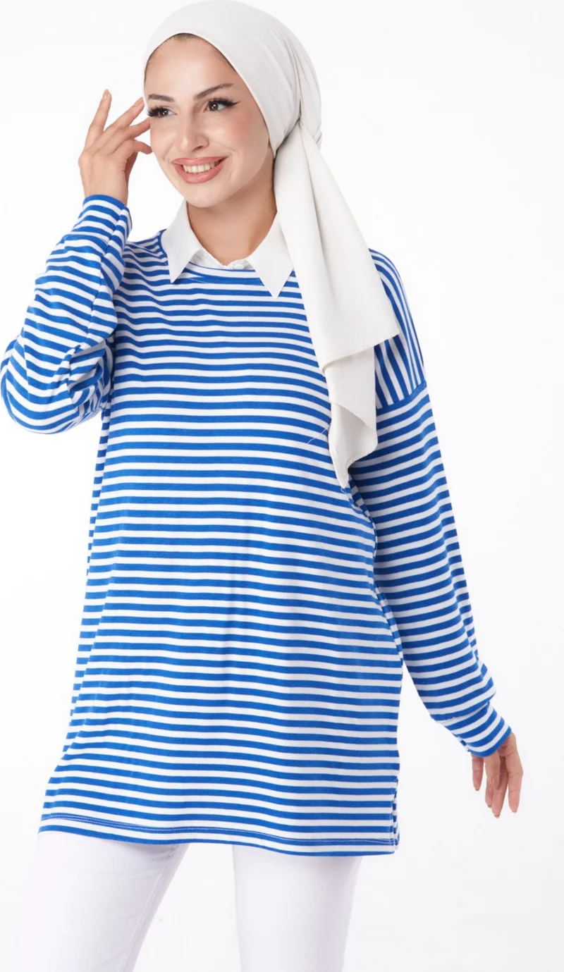 Tofisa Plain Crew Neck Women's Blue Striped Sweat - 26246