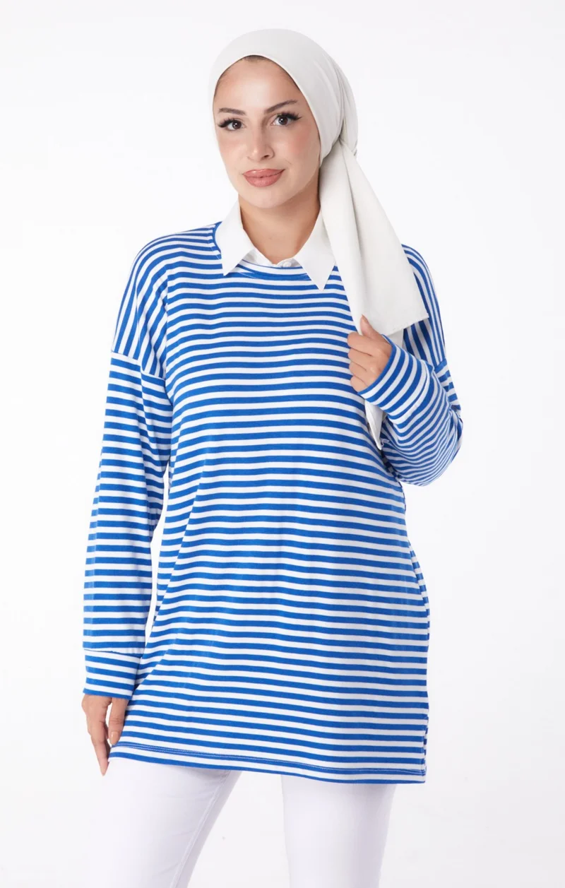 Tofisa Plain Crew Neck Women's Blue Striped Sweat - 26246