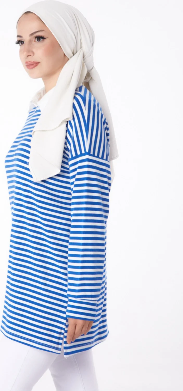 Tofisa Plain Crew Neck Women's Blue Striped Sweat - 26246