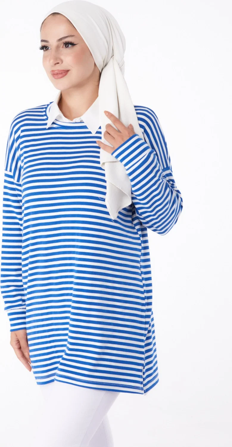 Tofisa Plain Crew Neck Women's Blue Striped Sweat - 26246