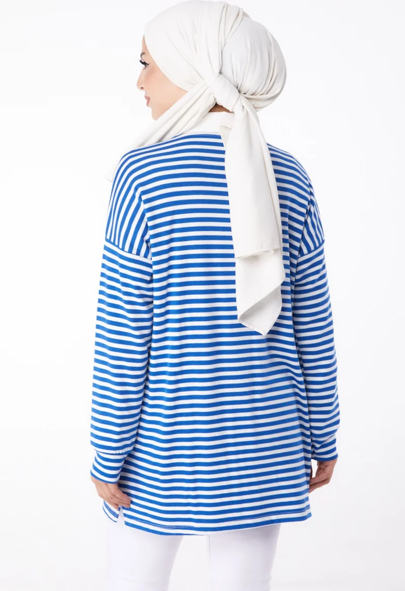 Tofisa Plain Crew Neck Women's Blue Striped Sweat - 26246
