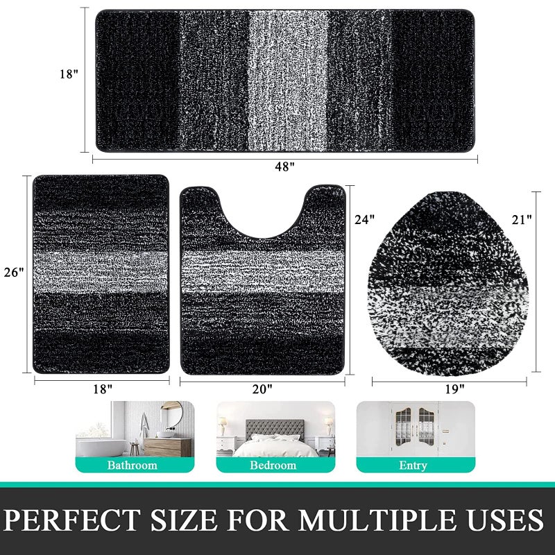Bsmathom Bath Rug Set 4 Piece with Toilet Lid Cover and Rug Set, Non Slip Bath Mats Soft Shaggy Absorbent Bathroom Mat with U-Shaped Toilet Mat for Bathroom Tub and Shower, Black - Image 2