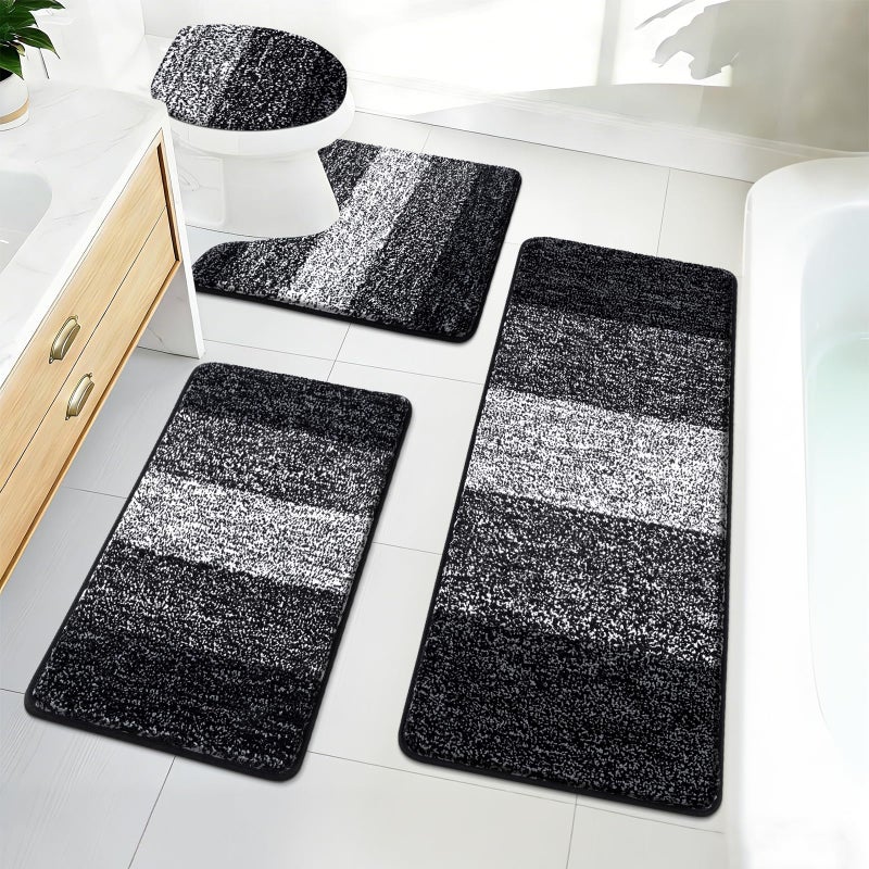 Bsmathom Bath Rug Set 4 Piece with Toilet Lid Cover and Rug Set, Non Slip Bath Mats Soft Shaggy Absorbent Bathroom Mat with U-Shaped Toilet Mat for Bathroom Tub and Shower, Black - Image 1