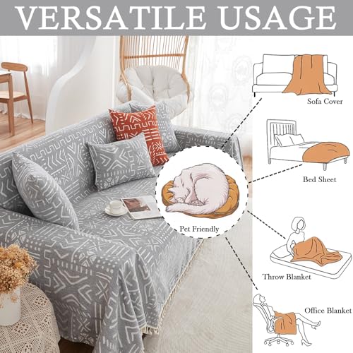 HANDONTIME Bohemian Grey and White Couch Cover for Dogs Aztec Tribal Sofa Covers 3 Cushion Aesthetic Tassel Slipcover Seat Universal Loverseat Futon Cover, 71/'' X118/'', Tassel 2:grey/White - Image 5