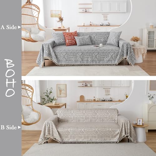 HANDONTIME Bohemian Grey and White Couch Cover for Dogs Aztec Tribal Sofa Covers 3 Cushion Aesthetic Tassel Slipcover Seat Universal Loverseat Futon Cover, 71/'' X118/'', Tassel 2:grey/White - Image 2