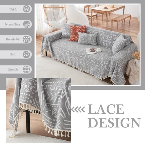 HANDONTIME Bohemian Grey and White Couch Cover for Dogs Aztec Tribal Sofa Covers 3 Cushion Aesthetic Tassel Slipcover Seat Universal Loverseat Futon Cover, 71/'' X118/'', Tassel 2:grey/White - Image 4