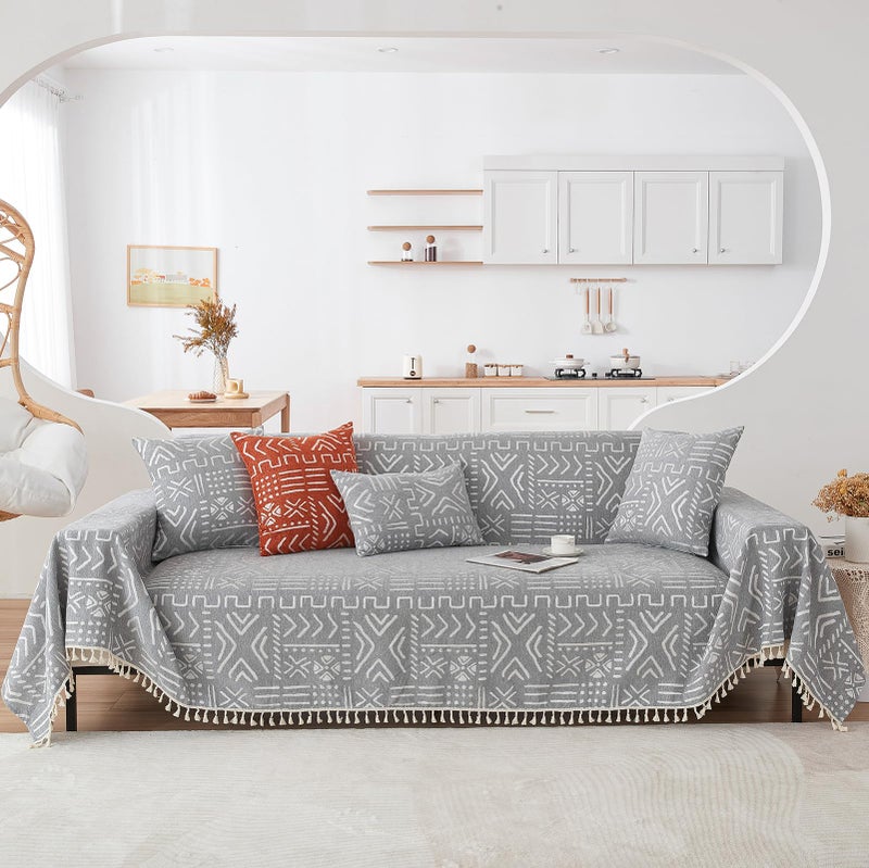 HANDONTIME Bohemian Grey and White Couch Cover for Dogs Aztec Tribal Sofa Covers 3 Cushion Aesthetic Tassel Slipcover Seat Universal Loverseat Futon Cover, 71/'' X118/'', Tassel 2:grey/White - Image 1