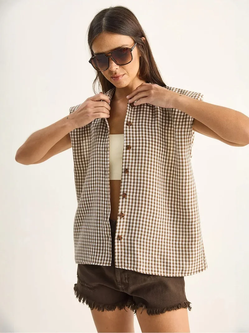 Bianco Lucci LUCCI Gingham Cotton Sleeveless Shirt