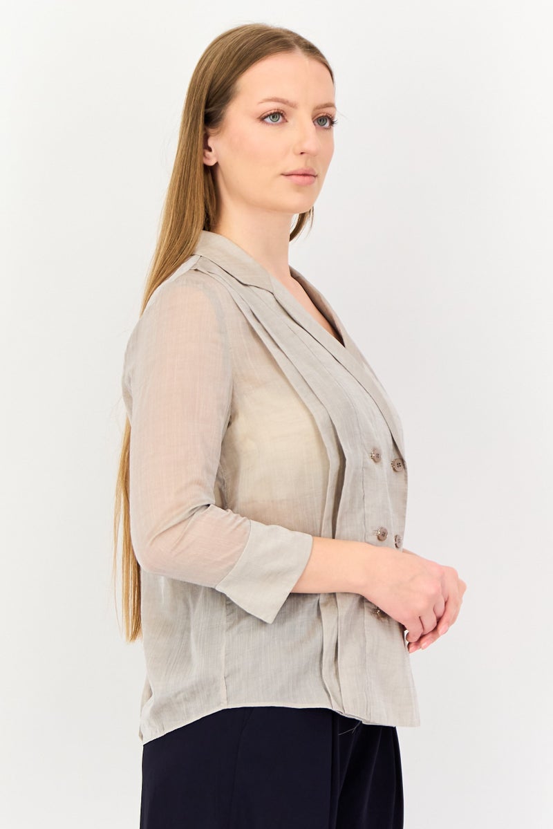 VERO MODA Couture Made For Vero Moda Women Notched Collar Long Sleeve Textured Blouse, Taupe - Image 2