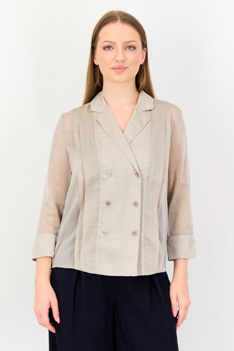 VERO MODA Couture Made For Vero Moda Women Notched Collar Long Sleeve Textured Blouse, Taupe - Image 1