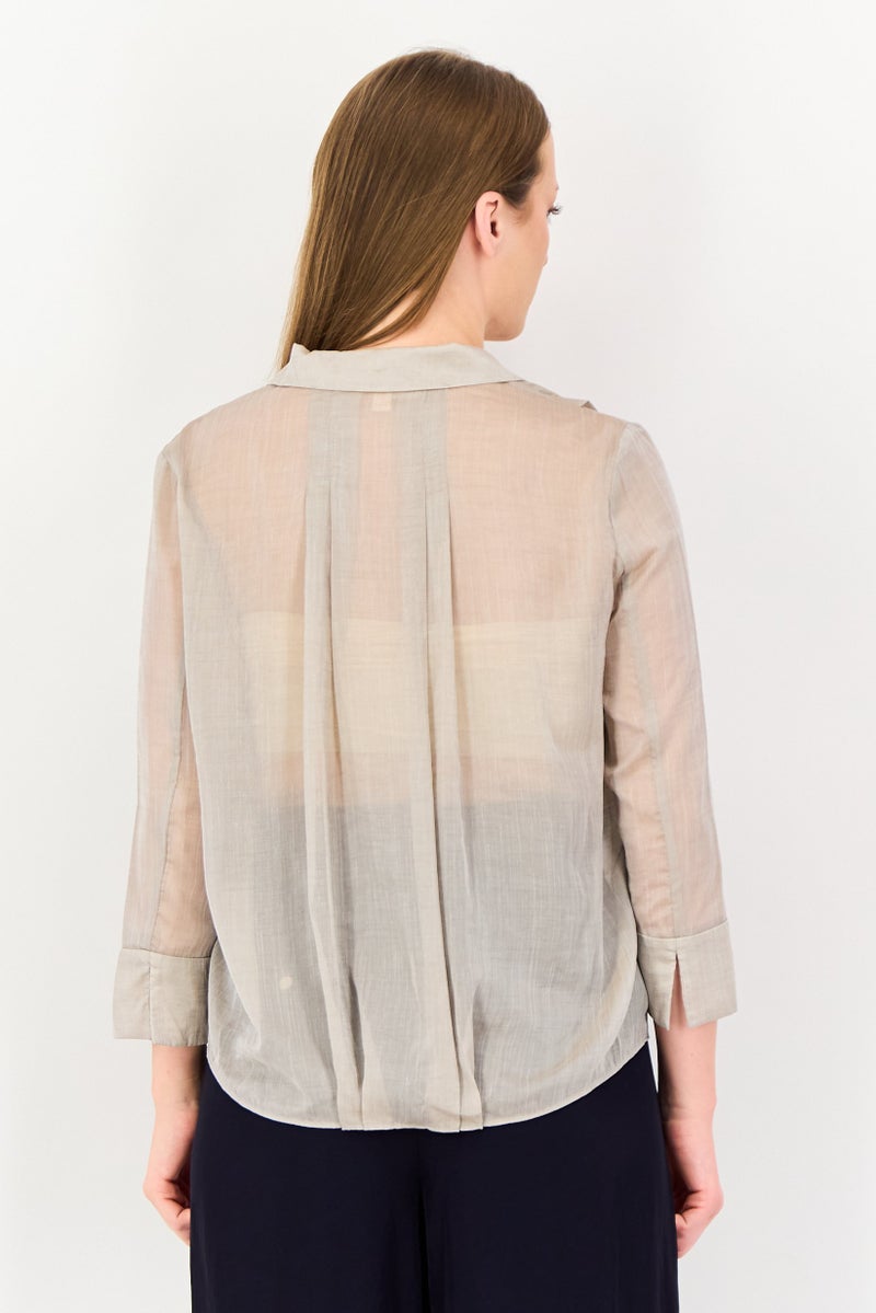 VERO MODA Couture Made For Vero Moda Women Notched Collar Long Sleeve Textured Blouse, Taupe - Image 3