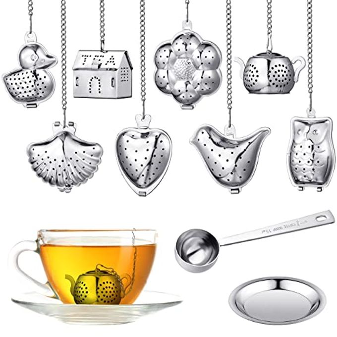 Vesici 10 Sets Loose Leaf Tea Infuser Set Stainless Steel Tea Strainer for Loose Tea Holder Infuser Ball Tea Filter Includes Chain Hooks and 1 Drip Trays with 1 Tea Spoon for Brew Tea Leaves Mug - Image 1