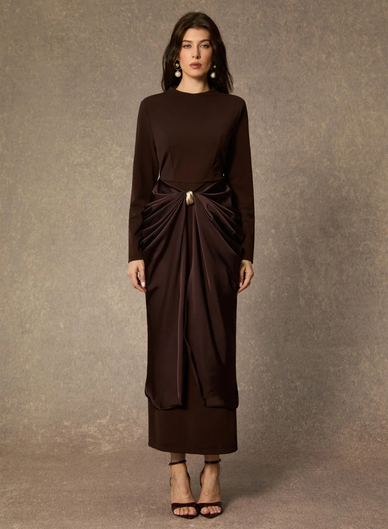 Sunfere Refined Attitude Brown Metal Detail Draped Midi Dress