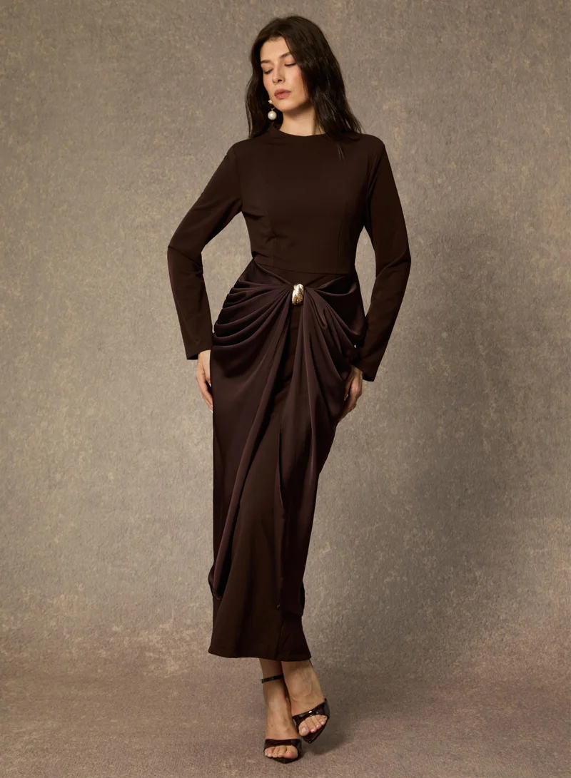 Sunfere Refined Attitude Brown Metal Detail Draped Midi Dress