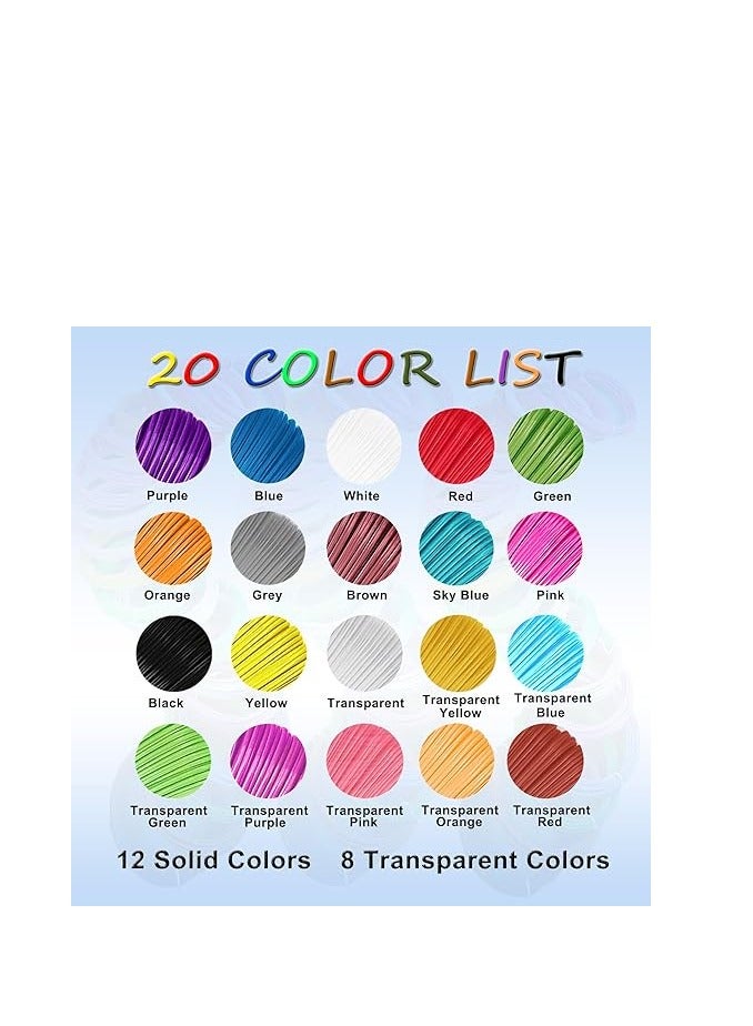 خيط طباعة (بوليمر حمض لاكتيك) ثلاثي أبعاد، 20 لون لإعادة تعبئة طباعة ثلاثية أبعاد 1.75 ملم مع كتاب رسم وطباعة ثلاثية أبعاد و2 غطاء أصابع، إجمالي 60 م، لقلم سكريب 3 دي مينت 3 دي وليس مع قلم 3 دودلر