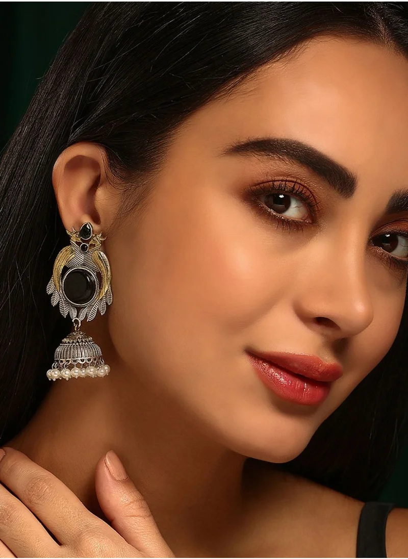 برياسي Stone Studded  Beaded Dome Shaped Oxidised Jhumkas Earrings