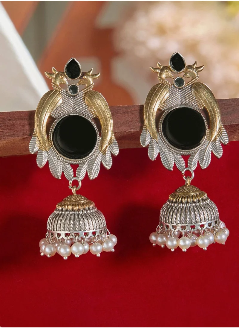 برياسي Stone Studded  Beaded Dome Shaped Oxidised Jhumkas Earrings