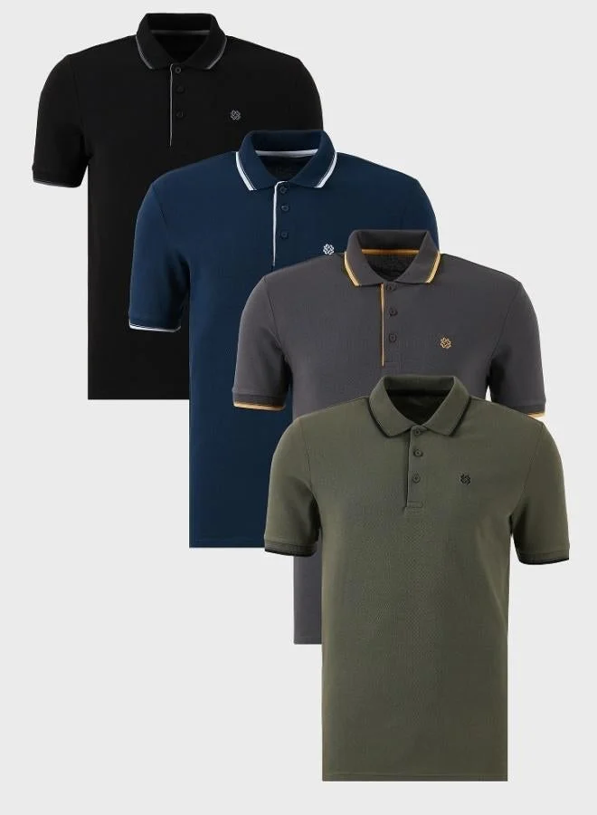 Buratti Buratti Cotton Slim Fit Striped Detail Buttoned Polo Collar 4-Pack Men's T-Shirt 5902118S4