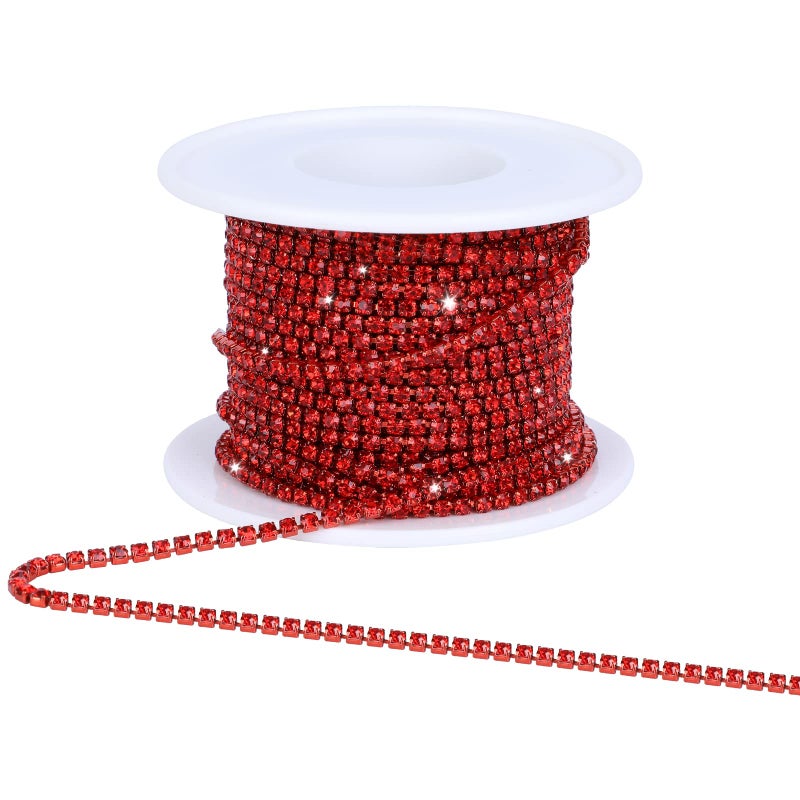 Dropower Crystal Rhinestone Close Chain Trim10 YardsRoll of 2mm Rhinestone Banding Claw Cup Chain for Sewing CraftsDIY DecorationJewelryClothingShoes Red
