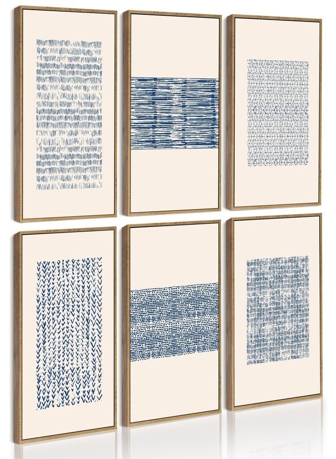 Drsoum Mid-century Boho Geometric Abstract Decor Blue White Grunge Minimalist Bohemian Wall Art Framed Canvas Prints 8"x 10"x 6pcs Natural Framed - Image 1