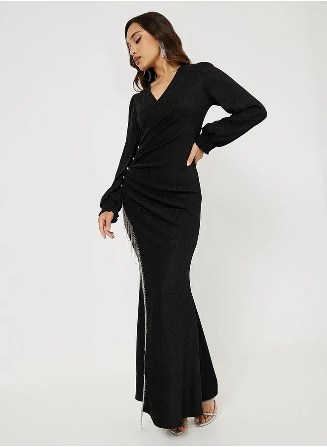 Styli Shimmer Wrap Maxi Dress with Embellished Rhinestone & Tassel