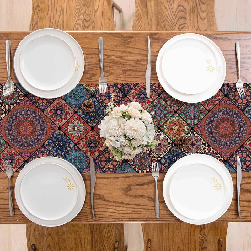 Winotic Boho Bohemian Table Runner 36 Inches Long, Vintage Seasonal Dresser Scarf for Party Kitchen Dining Coffee Table Bedroom Indoor Outdoor, Machine Washable (Bohemian A, 13” x 36”) - Image 3