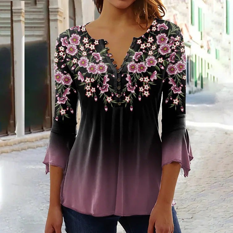 Sleeve Ruili T-Shirt Fashion Collar Three-Quarter V Floral Print Summer New Style - Image 1