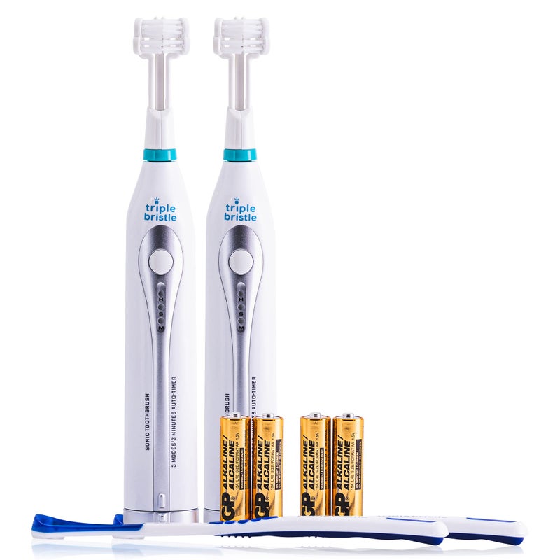 Triple Bristle Triple Bristle GO Portable AA Battery Sonic Toothbrush for Travel Three Powerful Modes Soft Nylon BristlesAlso for Autistic Special Needs Adults and Kids Triple Bristle GO Two Pack