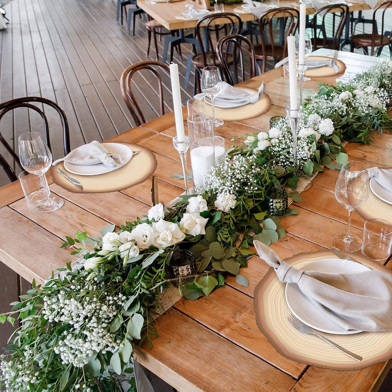 Teling 50 Packs Wood Slices Disposable Table Placemats Round Rustic Brown Wood Slices Place Mat 13 Inch Paper Placemats for Farmhouse Wedding Baby Shower Birthday Party Supplies Decoration - Image 3