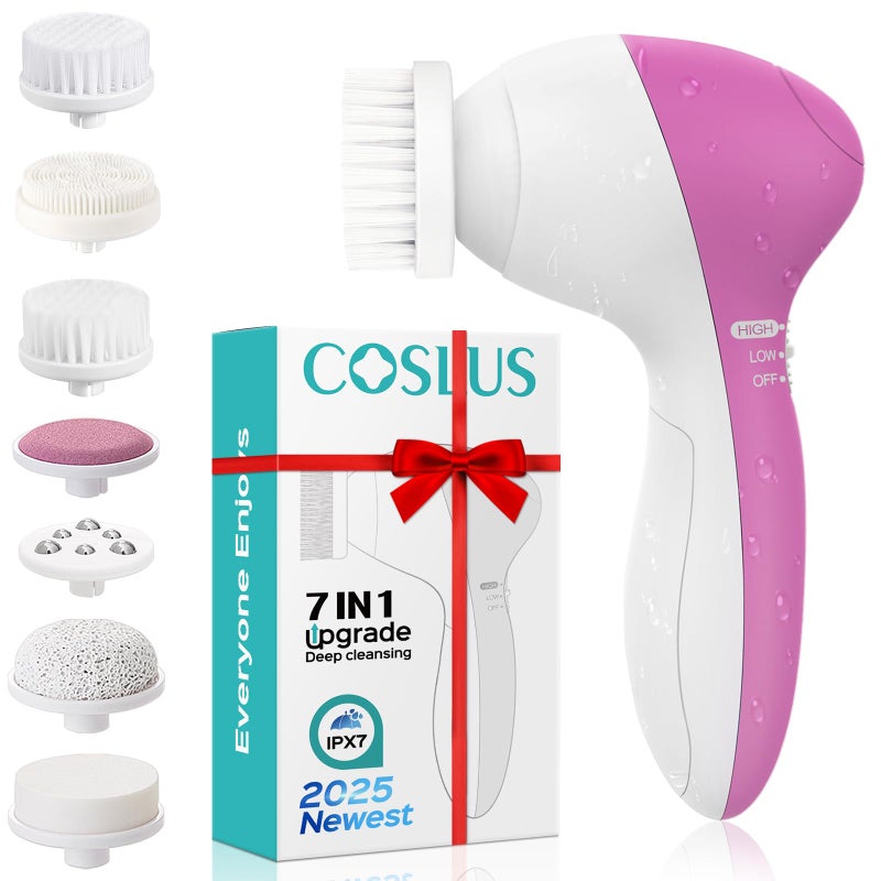 COSLUS COSLUS Facial Cleansing Brush Silicone Face Scrubber 7 in 1 FBSD Electric Exfoliating Rotating Massage Device Waterproof Deep Cleaning Exfoliation Spa Machine  Electronic Skin Care Wash System 