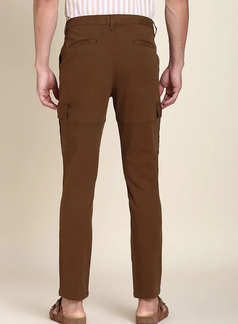 Dennis Lingo Brown Casual Trousers for Men - Slim Fit, Cotton Lycra