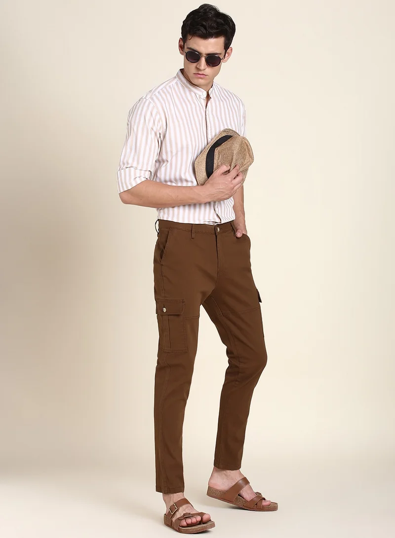 Dennis Lingo Brown Casual Trousers for Men - Slim Fit, Cotton Lycra