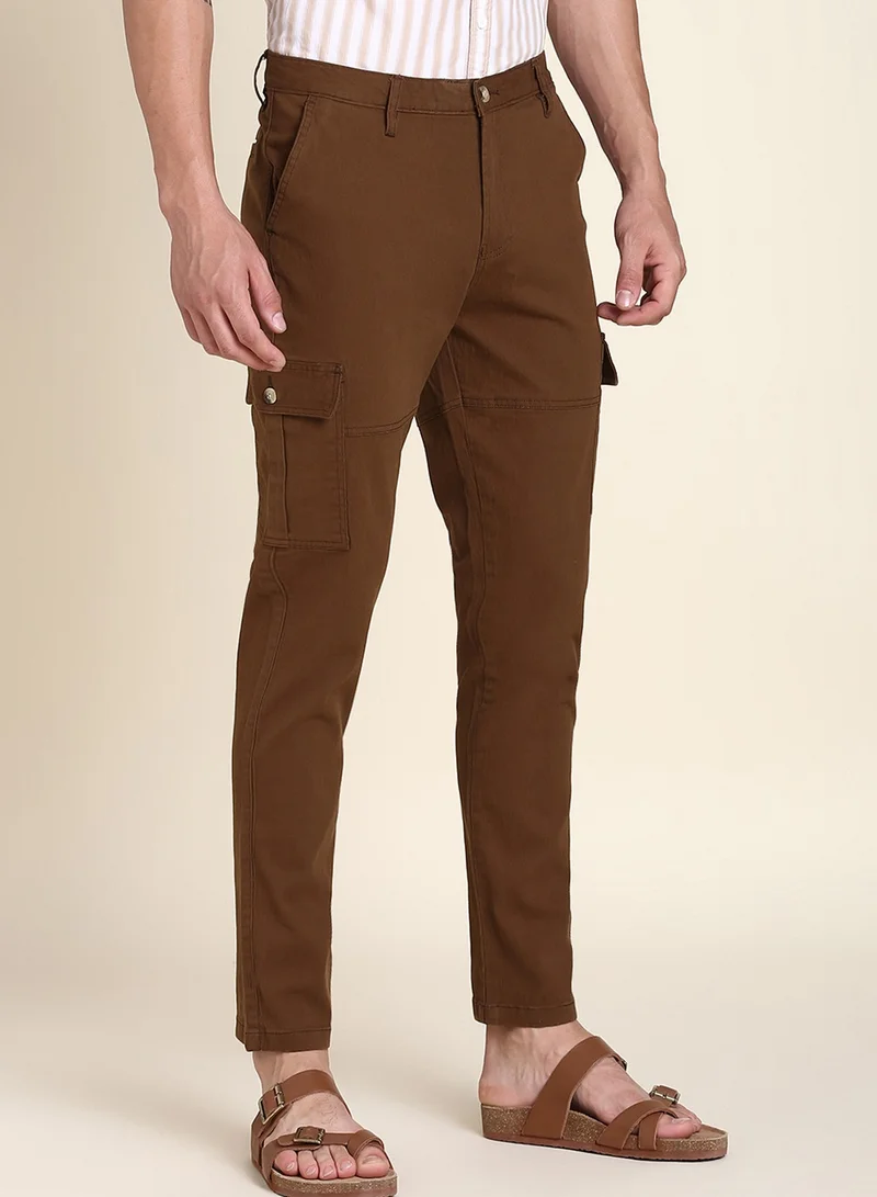 Dennis Lingo Brown Casual Trousers for Men - Slim Fit, Cotton Lycra