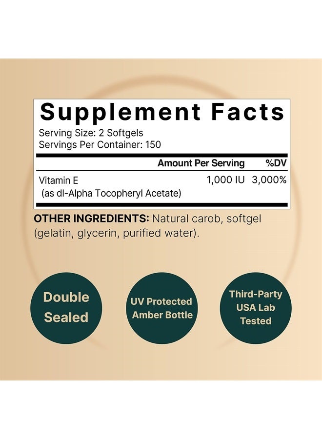 NatureBell Vitamin E Oil Softgels, 1,000 IU Per Serving, 300 Pills | Essential Antioxidant Supplements, Easily Absorbed Form – Supports Skin, Heart, & Immune Health – Non-GMO - Image 2