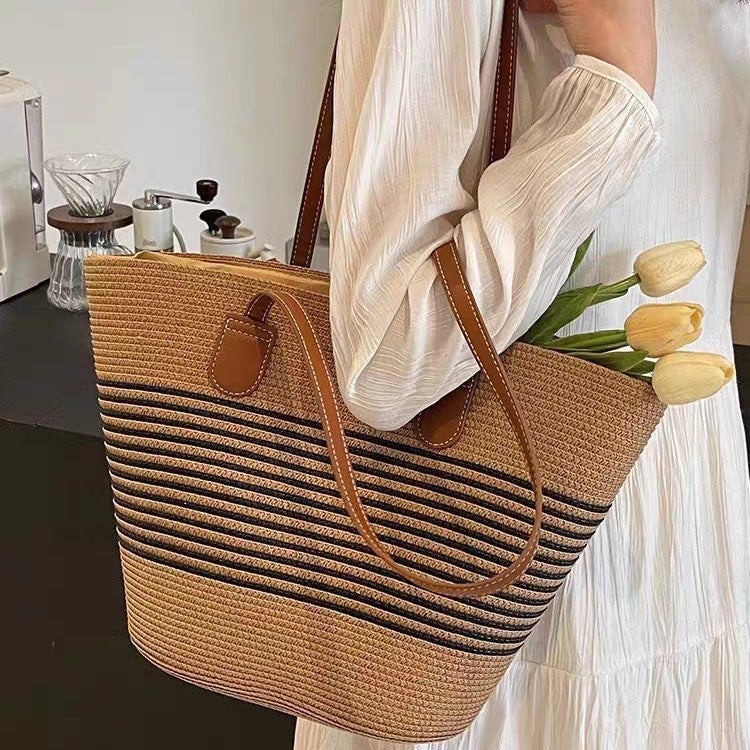 Manufacturer Striped Woven Bag Outer Single Seaside Beach Straw Bag Women'S New Fashion Commuter Tote Bag - Image 3