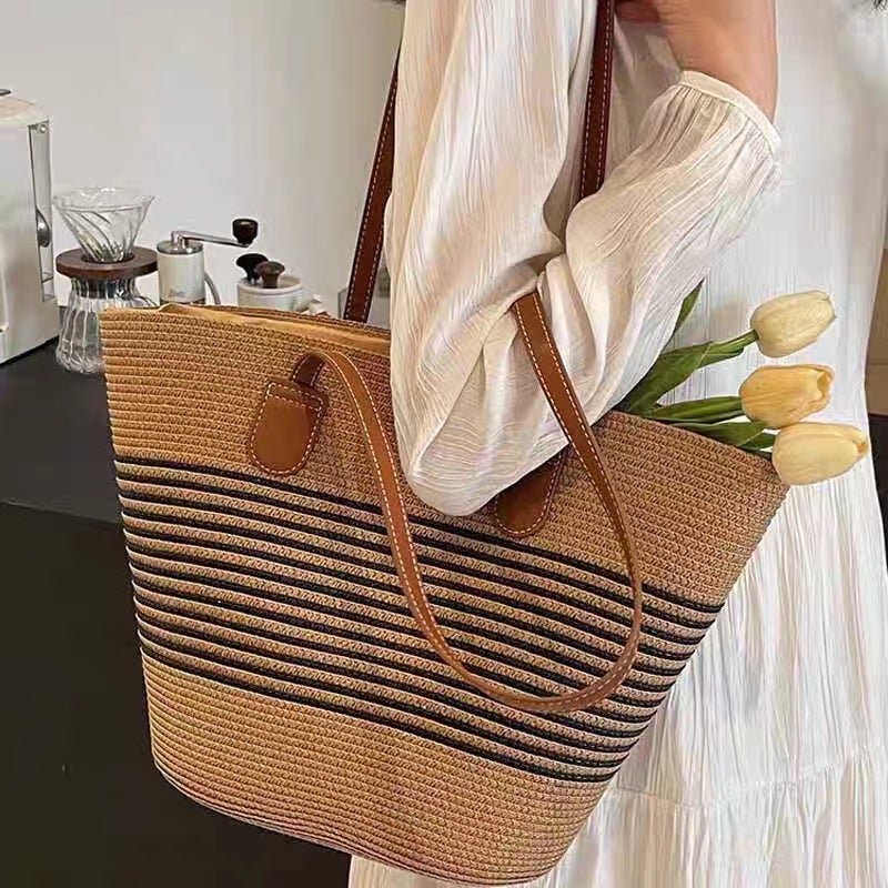 Manufacturer Striped Woven Bag Outer Single Seaside Beach Straw Bag Women'S New Fashion Commuter Tote Bag - Image 5